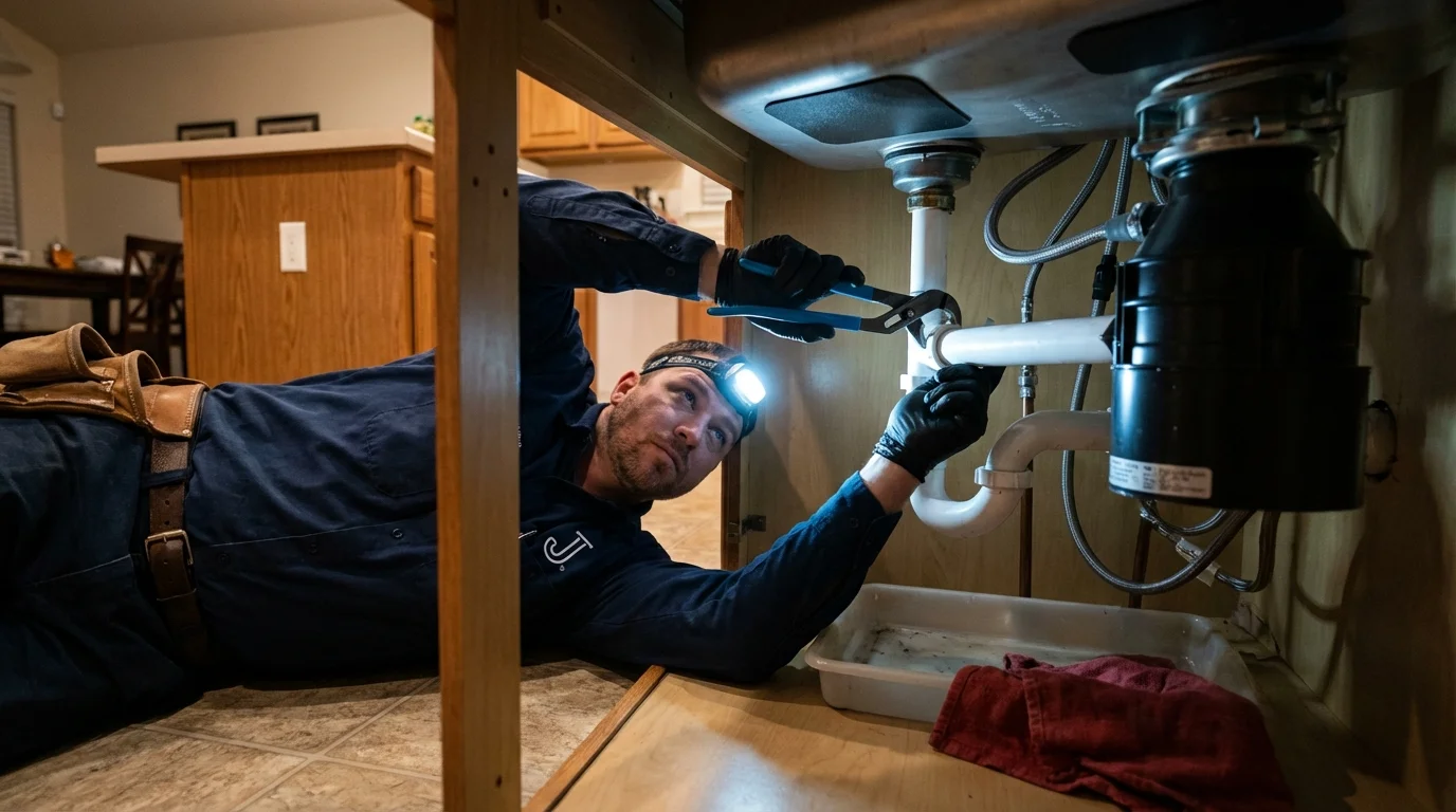P-trap and supply line connections under a kitchen sink showing a common leak point in Ashland, MO